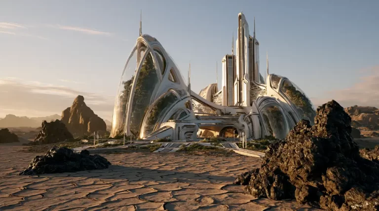 A futuristic architectural outpost with towering white spires and large glass biodomes containing green trees situated on a cracked desert ground under a clear sky