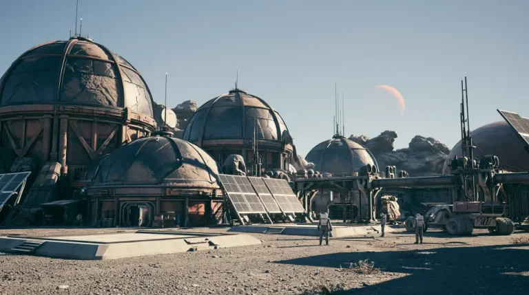 A remote sci-fi outpost consisting of several industrial domed habitats and solar panels on a rocky desert surface with astronauts and a crescent planet in the sky