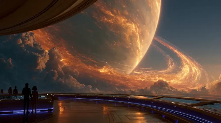 Silhouettes of people on a wide open futuristic observation deck looking at a colossal glowing ringed gas giant and dramatic golden clouds