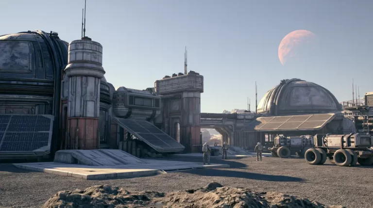 Interstellar scientific colony with domed laboratories, exploration vehicles, and research facilities on the surface of a distant planet.