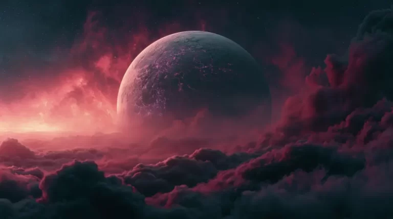 A large textured planet with glowing purple cracks rising above a dense sea of dark crimson clouds.