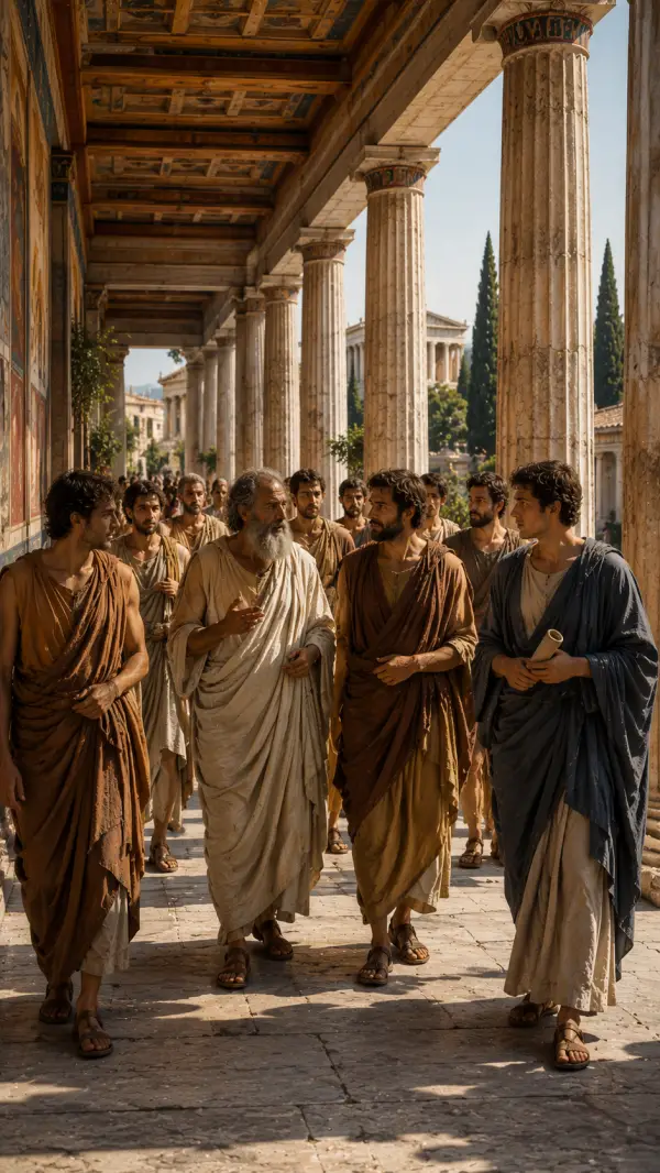 Plato walks with his students beneath a grand colonnade while discussing philosophy in the Academy of Ancient Athens.