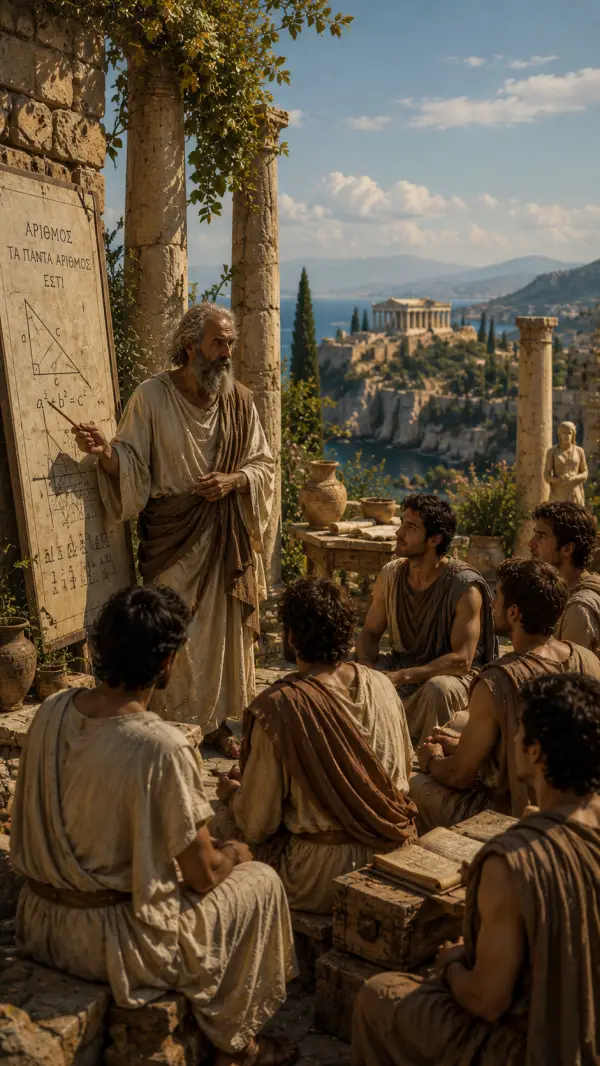 Pythagoras teaches mathematics and geometry to his students in an open-air academy overlooking the ancient Greek coastline.