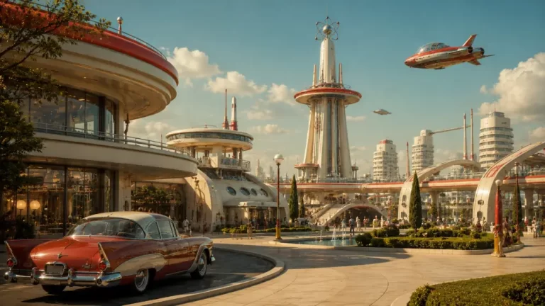 A retro-futuristic city square with atomic age architecture, a classic red car parked in the foreground, and flying vehicles soaring through the sky