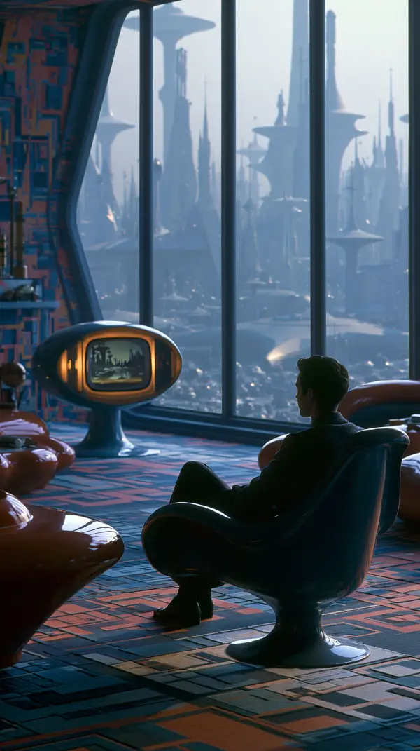 A retro-futuristic living room overlooking a sprawling space-age city through floor-to-ceiling windows with vintage atomic design.