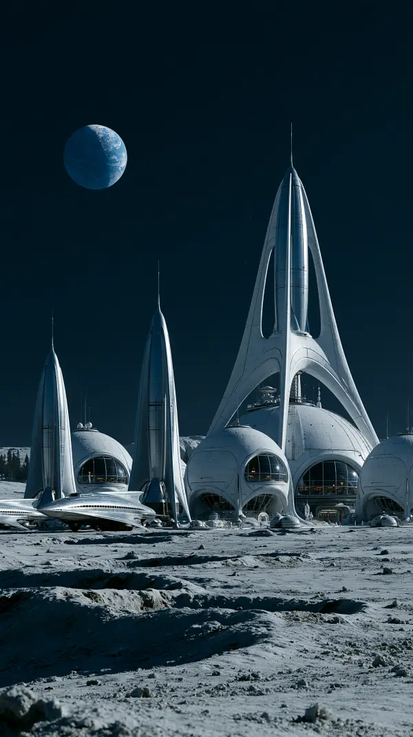 A retro-futuristic lunar colony with elegant white domes, soaring towers, and sleek spacecraft beneath a star-filled sky.