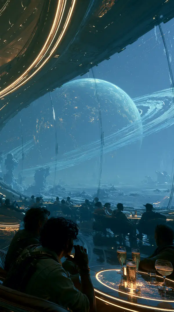 People relax inside a futuristic observation lounge overlooking a frozen ringed exoplanet through an enormous panoramic window.