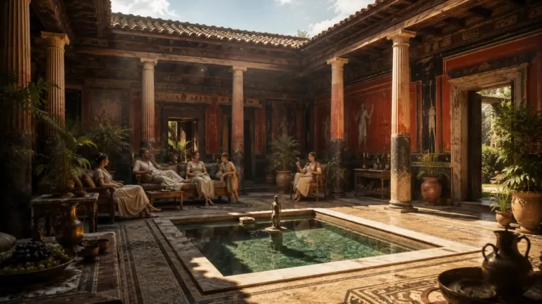 A Roman villa in Pompeii with an open courtyard, pool, columns, gardens, and people relaxing indoors.