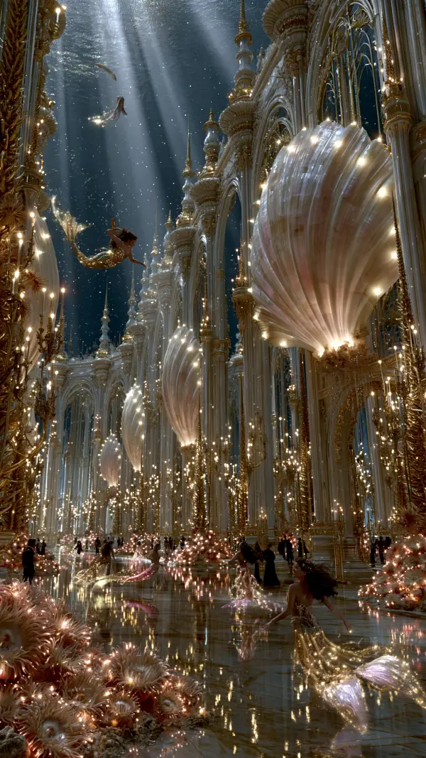 Elegant mermaids swim through a magnificent underwater palace gallery lined with towering arches, glowing shell sculptures, and golden architectural details.