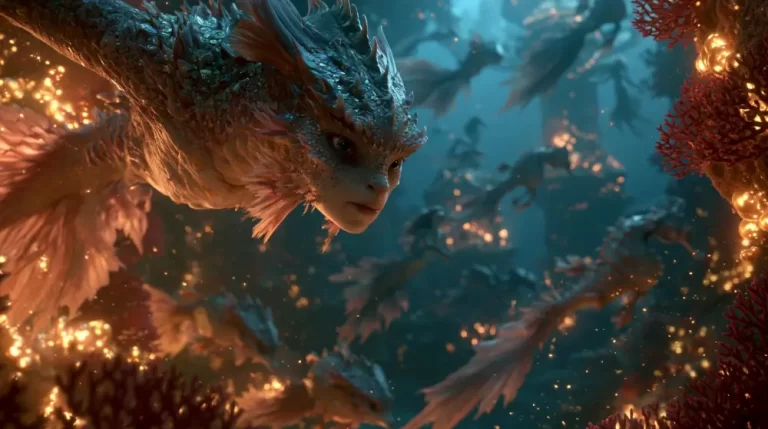 A majestic reptilian sea monster swimming gracefully alongside other mythical creatures in a glowing ocean reef.