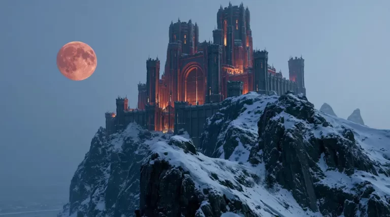 A massive dark gothic castle with glowing orange windows perched on a jagged snowy mountain peak under a large red blood moon