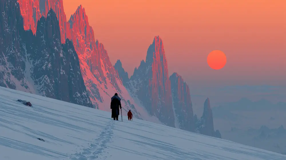 Two figures walking up a snowy mountain slope towards a vibrant orange sun setting behind sharp jagged peaks