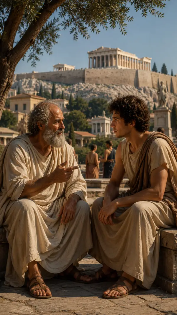 Socrates and Plato engage in a thoughtful philosophical discussion beneath the Acropolis in ancient Athens.
