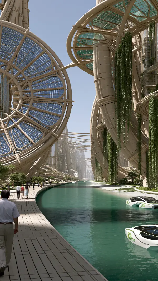 A futuristic solarpunk canal lined with organic solar architecture, hanging vegetation, pedestrian walkways, electric boats, and people enjoying the sustainable waterfront.