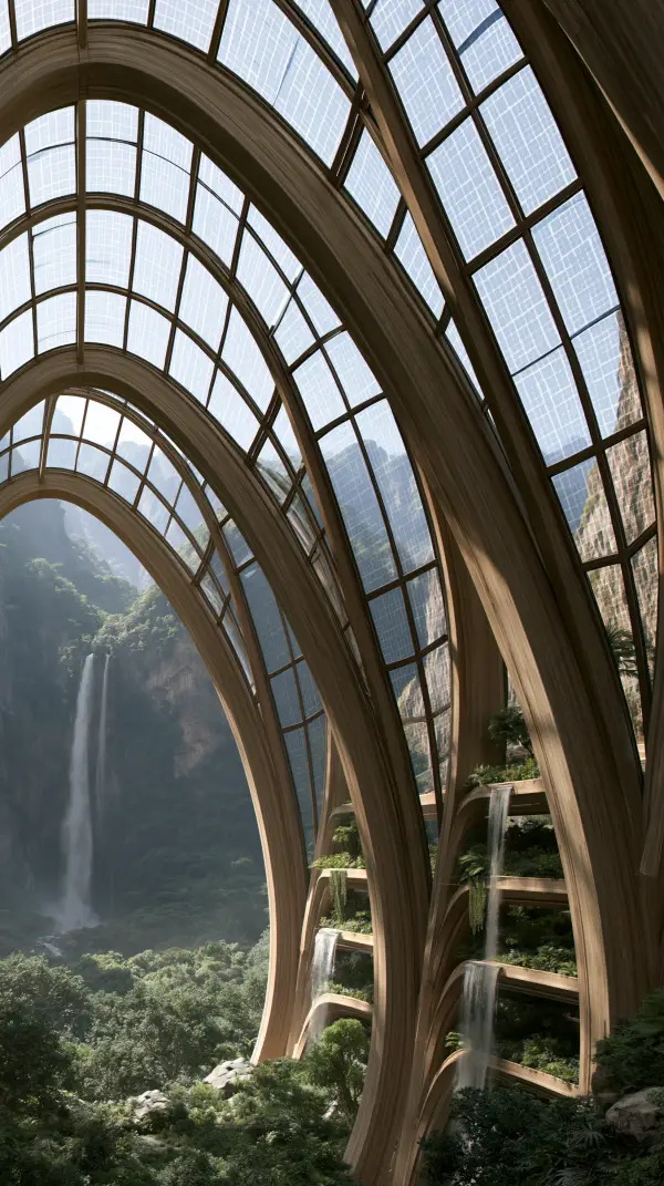 A monumental solarpunk structure with soaring solar glass arches overlooks a lush canyon featuring cascading waterfalls integrated into terraced green architecture.