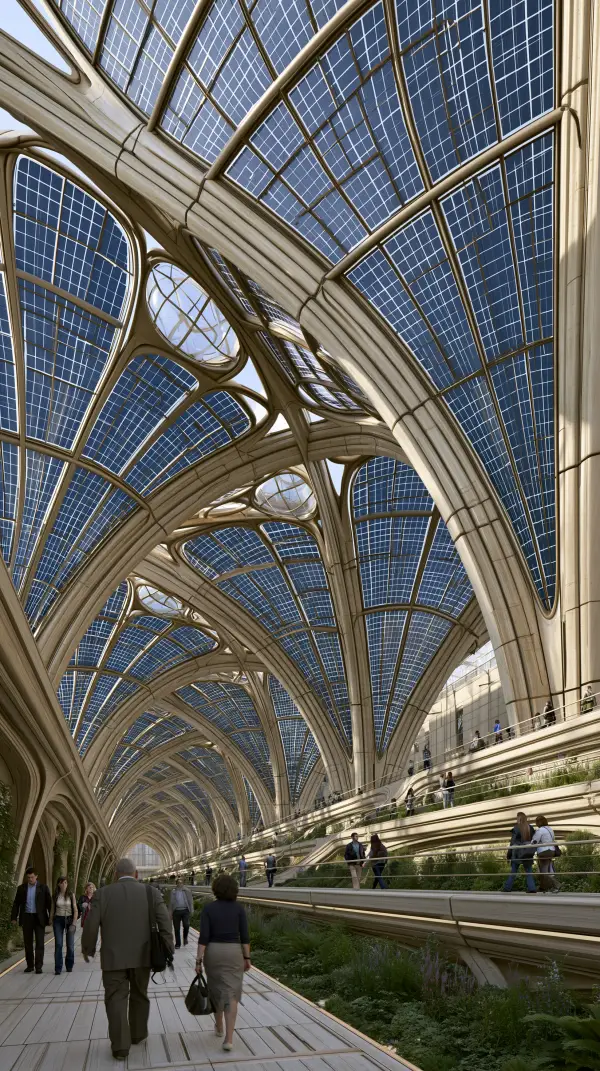 People walk through a vast solarpunk pedestrian gallery beneath soaring solar glass arches with organic architecture and integrated green spaces.