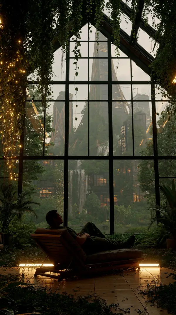 A person relaxes inside a lush greenhouse lounge while overlooking a verdant solarpunk eco city with cascading waterfalls and living architecture through a large glass wall.