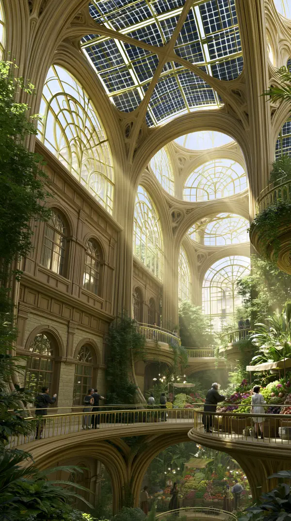 A spacious indoor solarpunk market with towering organic architecture, a solar glass roof, lush greenery, market stalls, and visitors walking through the bright interior.