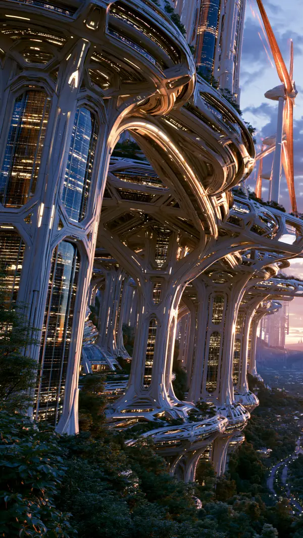 A monumental solarpunk megastructure with organic architecture rises above a forested landscape at sunset, with large wind turbines and futuristic towers in the background.