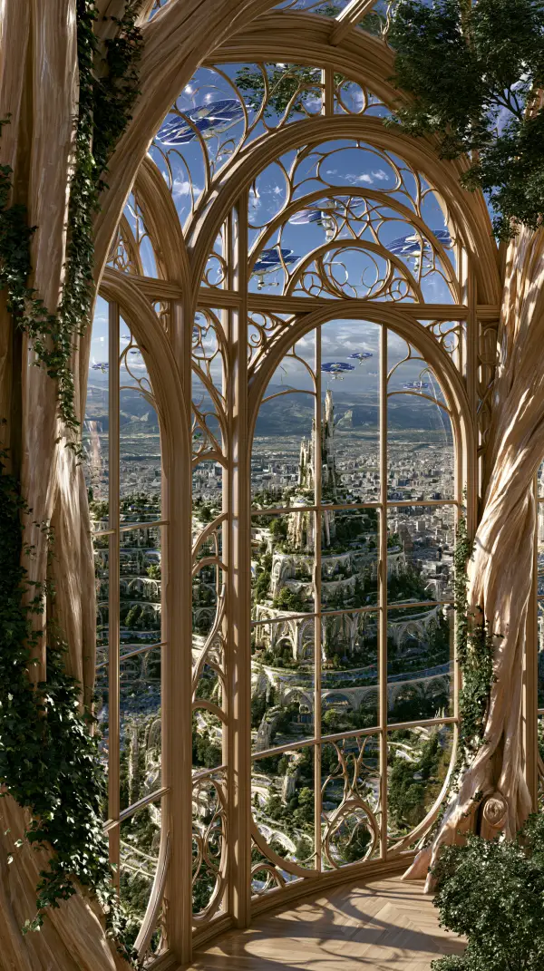 A panoramic view from a living wooden observatory with organic arches overlooking a lush solarpunk eco city filled with greenery and sustainable architecture.
