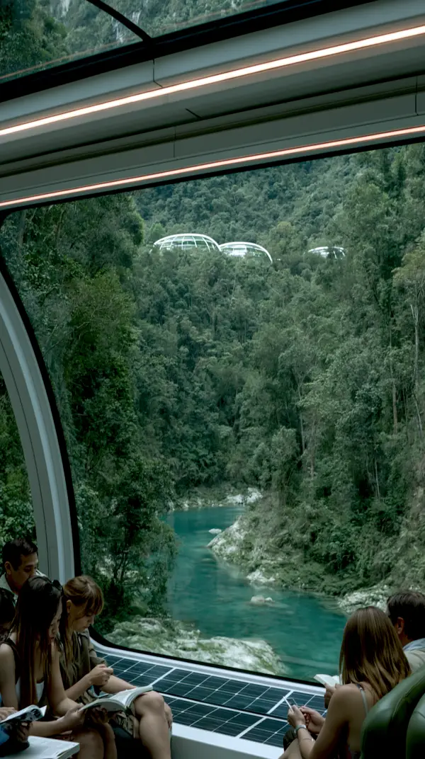 Passengers sit inside a modern solarpunk train with panoramic windows overlooking a pristine river flowing through a dense forest valley.