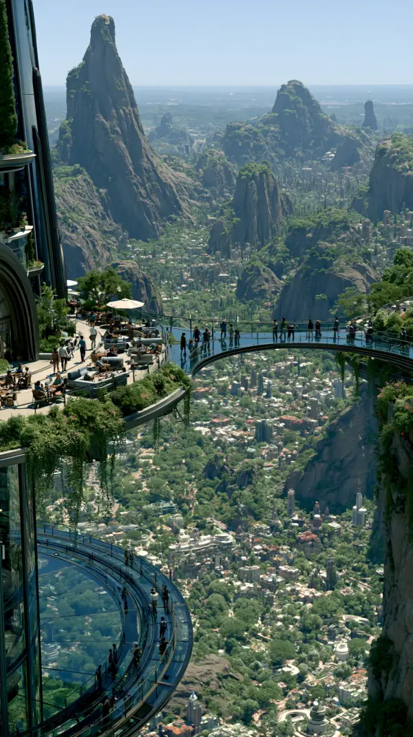 People gather on elevated glass terraces and a skybridge overlooking a vast solarpunk eco city surrounded by dramatic green mountain peaks.
