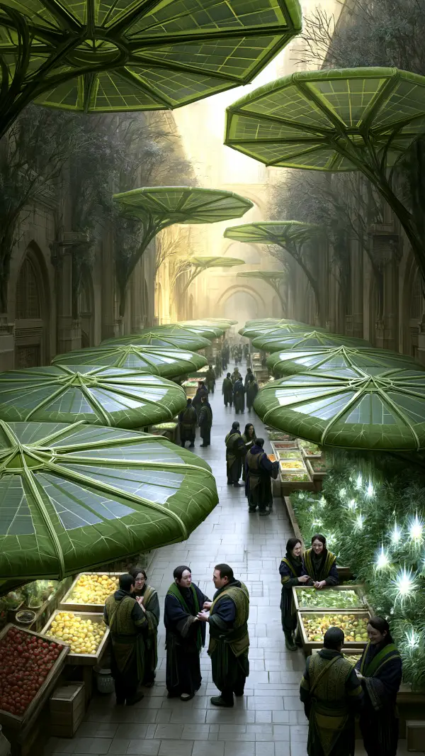 People browse fresh produce beneath large solar canopies in a lush solarpunk courtyard market filled with greenery and sustainable design.