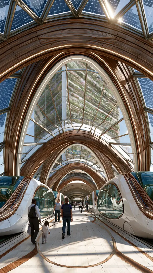 Passengers walk through a bright solarpunk transit terminal beneath a solar glass canopy, flanked by sleek trains and a towering vertical garden visible through the atrium.
