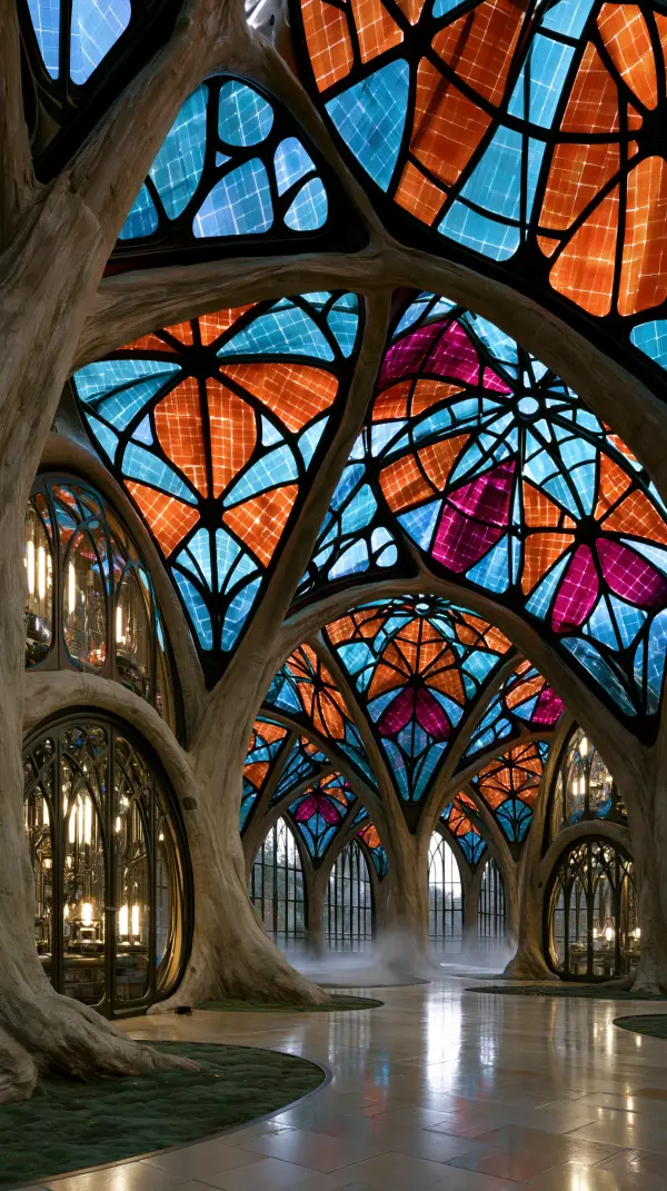 A grand solarpunk atrium with organic tree-like columns, colorful solar glass panels, and elegant botanical architecture illuminated by natural light.