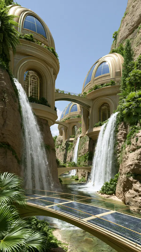Modern solarpunk buildings with large glass domes rise between rocky canyon cliffs above cascading waterfalls, connected by elegant bridges and surrounded by lush vegetation.