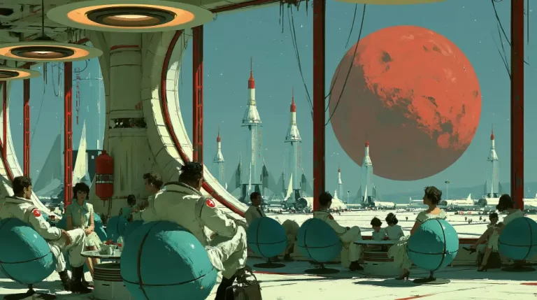 Passengers in an airport lounge with spherical blue chairs looking out at multiple white rockets and a massive red planet in the sky