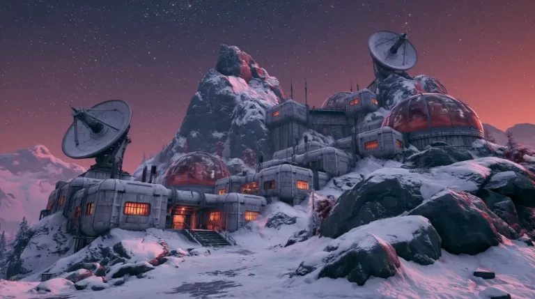 A retro-futuristic research base nestled in snow-covered mountains, featuring large satellite dishes, glowing windows, and glass domes under a starry night sky