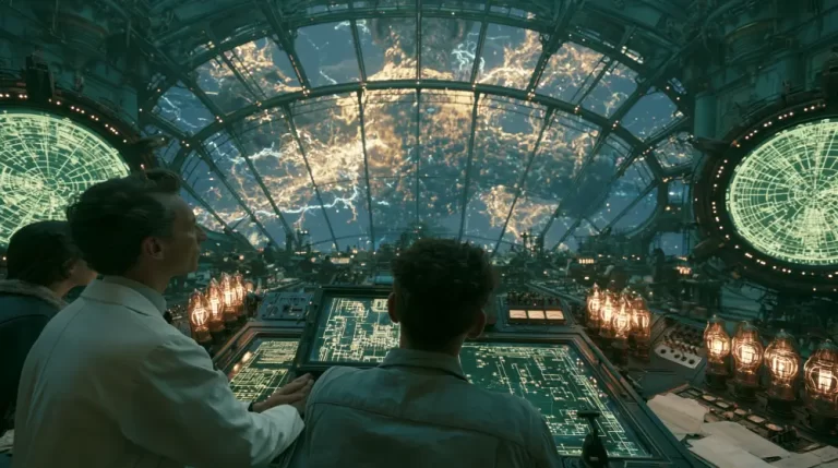 Scientists in white lab coats inside a retro-futuristic control room looking through a massive glass dome at a cosmic supernova explosion with glowing radars and vacuum tubes