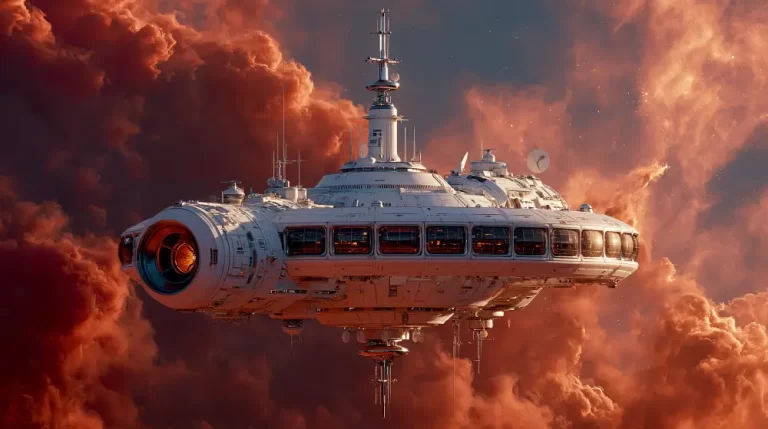 A massive white retro-futuristic space station with panoramic viewing windows and communication spires floating among thick reddish-orange cosmic clouds