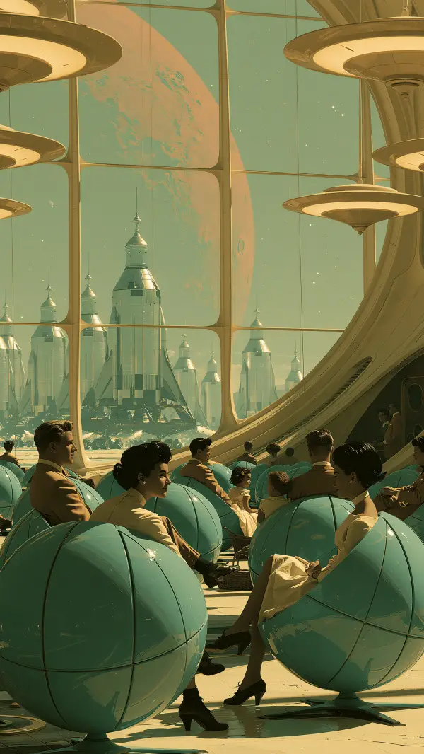 Passengers relax in a retro-futuristic terminal lounge while towering rockets stand outside beneath a giant planetary sky.