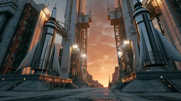 Massive retro-futuristic chrome rockets mounted on colossal concrete launch towers inside a sprawling complex under a dramatic golden sunset sky
