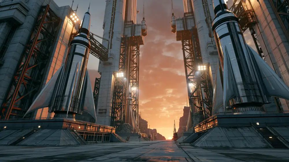 Massive retro-futuristic chrome rockets mounted on colossal concrete launch towers inside a sprawling complex under a dramatic golden sunset sky
