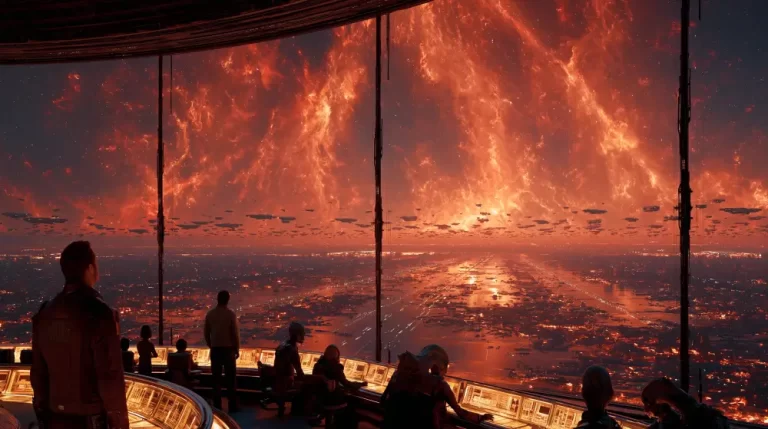 Interstellar fleet command deck overlooking countless starships beneath a blazing orange nebula through panoramic observation windows.