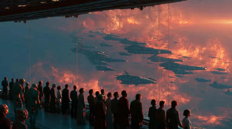 A large group of people and aliens looking through a massive glass window at an extensive fleet of spaceships flying through glowing orange clouds