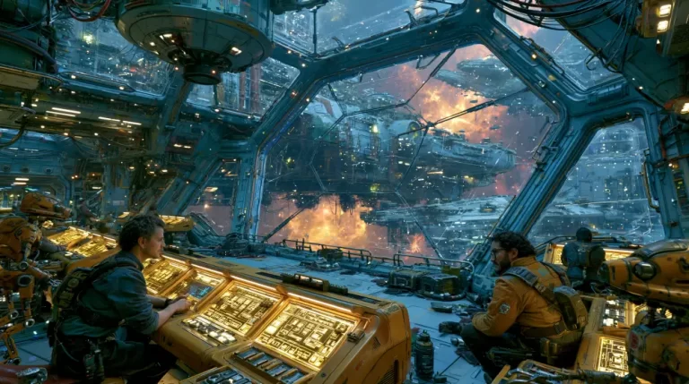 Two technical operators at illuminated industrial consoles looking through a large panoramic window at a massive starship explosion inside an orbital shipyard