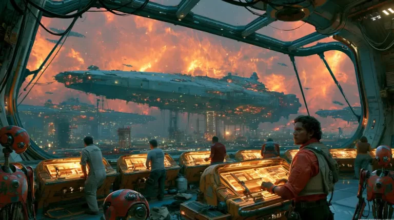 Interstellar starship shipyard with engineers monitoring the construction of a colossal spacecraft from a futuristic command deck.