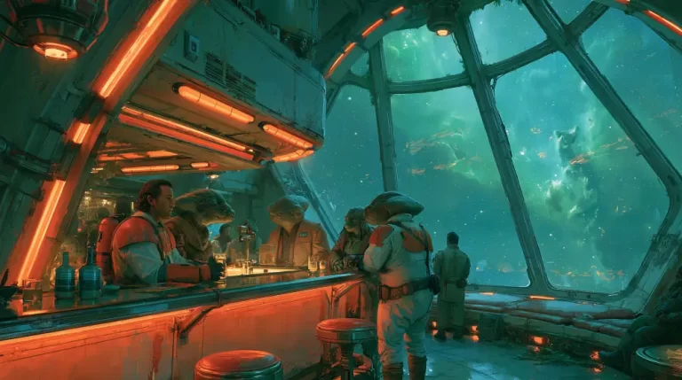 Interstellar starship bar with human and alien travelers beside panoramic windows overlooking a glowing green nebula.