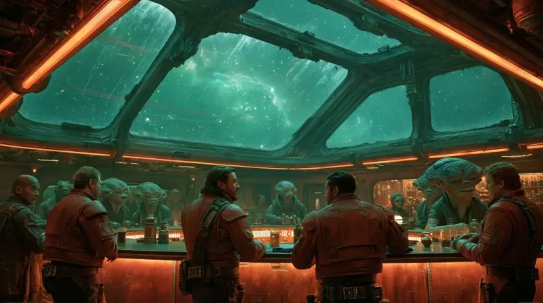 A bustling futuristic spacecraft bar with human officers and alien creatures sitting around an illuminated counter under a glass ceiling viewing a green nebula