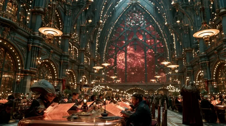 A massive ornate gothic interior library filled with people and alien beings reading under large chandeliers with a giant stained glass window revealing a red nebula