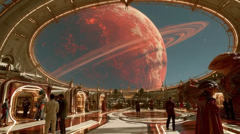 A grand futuristic observation lounge filled with humans and alien citizens looking through an immense oval window at a massive molten red planet with rings