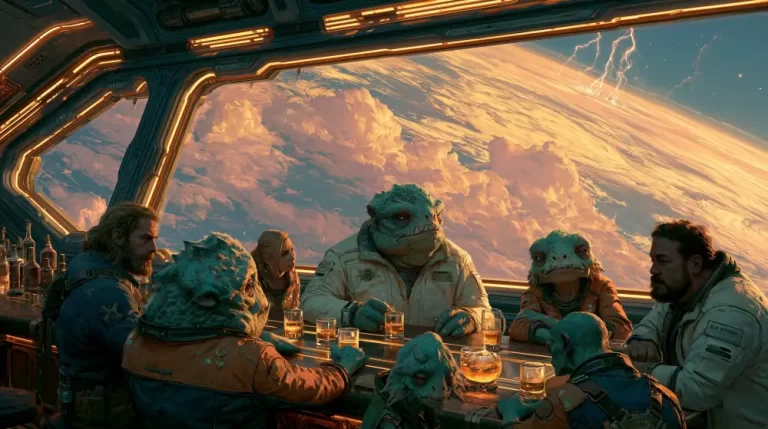 A bustling starship bar where human crew members and green reptilian alien creatures sit around a counter next to a massive panoramic window showing clouds and lightning from space orbit
