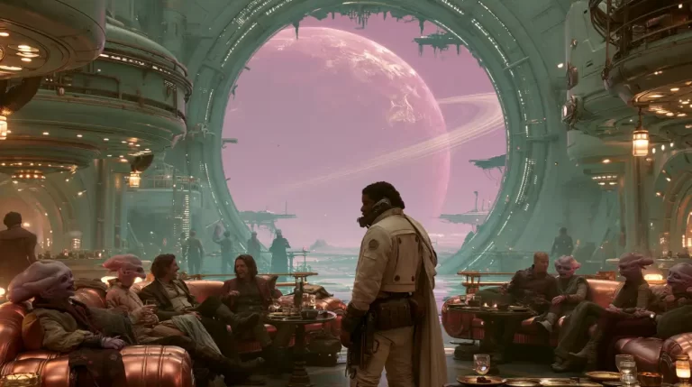A bustling futuristic lounge inside a spacecraft filled with humans and pink-skinned aliens sitting on couches near a giant circular window showing a ringed planet