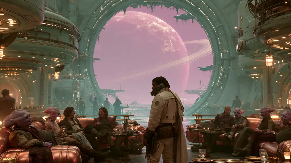 A bustling futuristic lounge inside a spacecraft filled with humans and pink-skinned aliens sitting on couches near a giant circular window showing a ringed planet