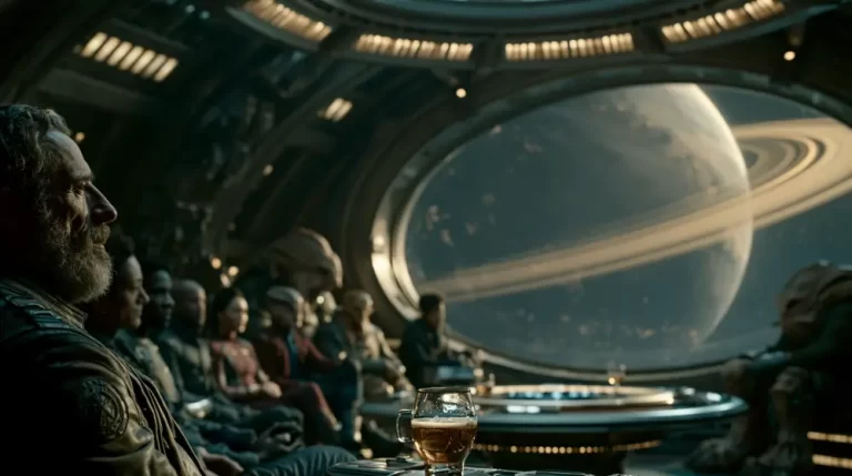 Interior of a futuristic spacecraft lounge where passengers and aliens sit together looking through a large round window at a ringed planet