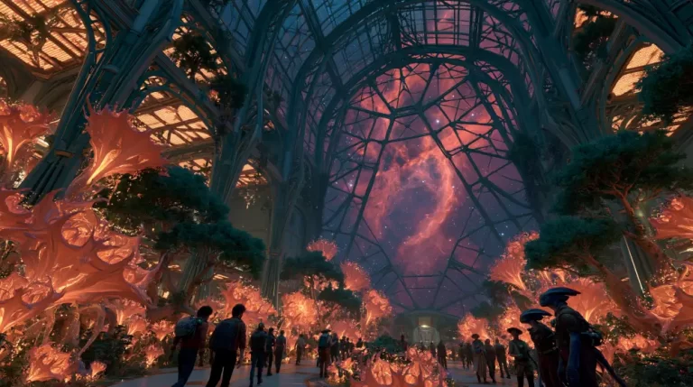 A massive futuristic botanical garden inside a domed space station filled with alien trees and people under a giant arched window looking at a pink nebula